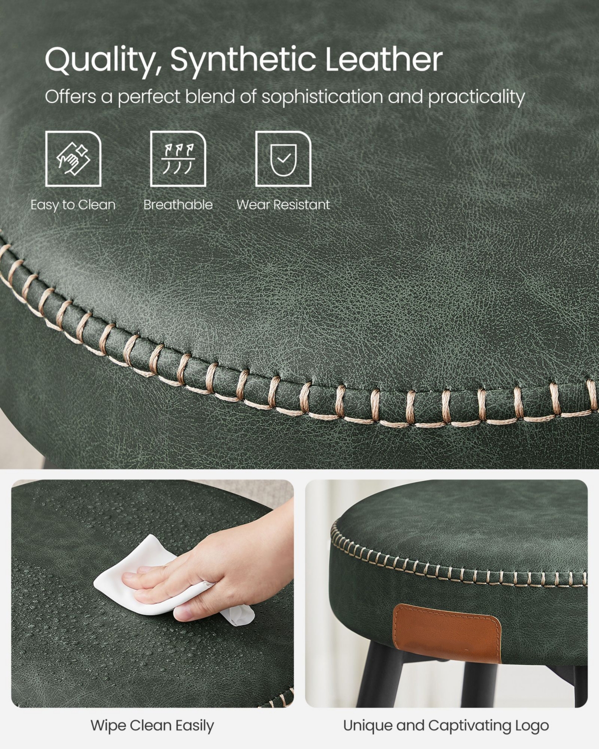 Set Of 2, Kitchen Bar Stools, Breakfast Stools, Synthetic Leather With Stitching