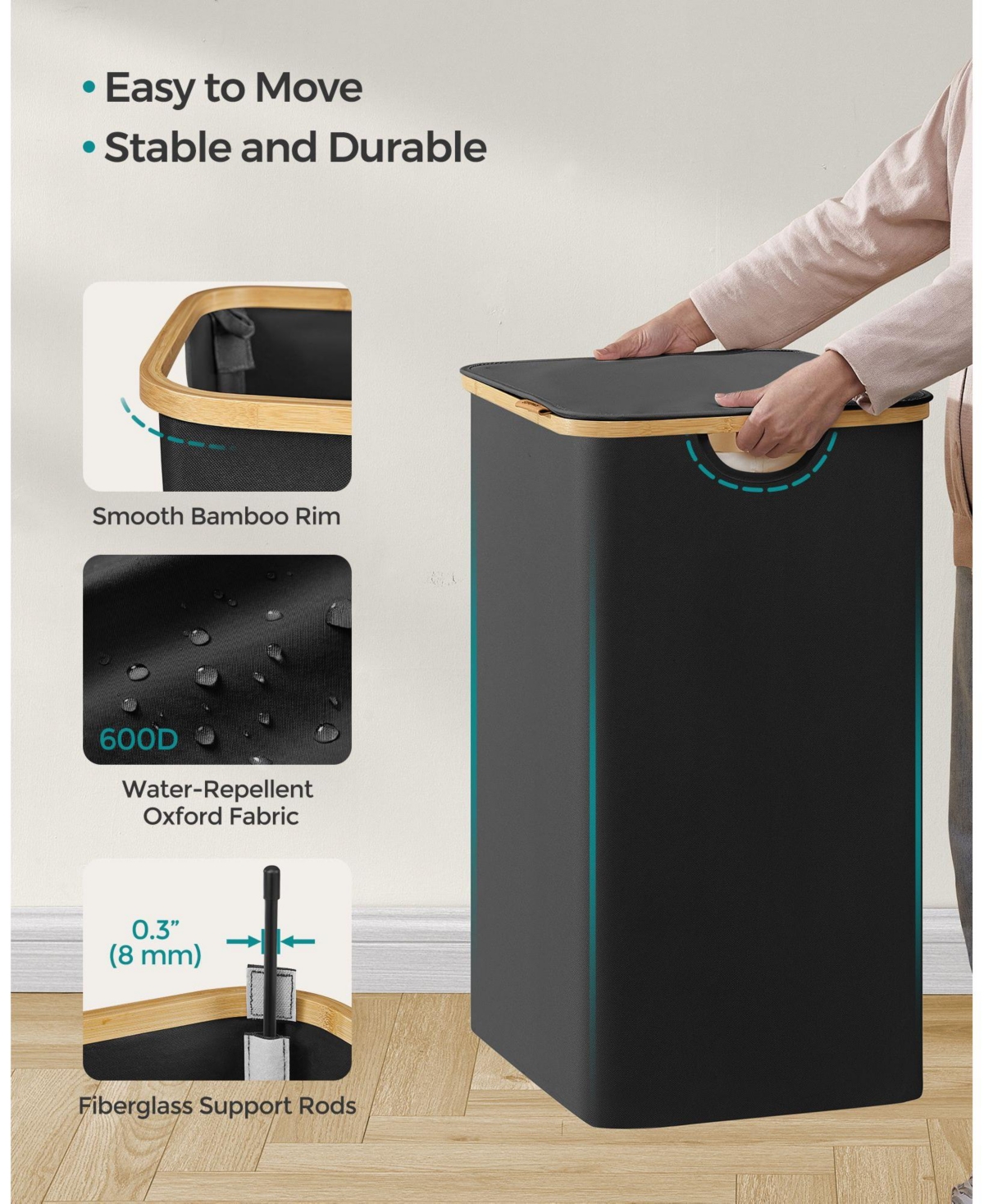 Slickblue Laundry Hamper with Lid, Slim Laundry Basket, Removable Mesh Liner, Bamboo Handles, Collapsible