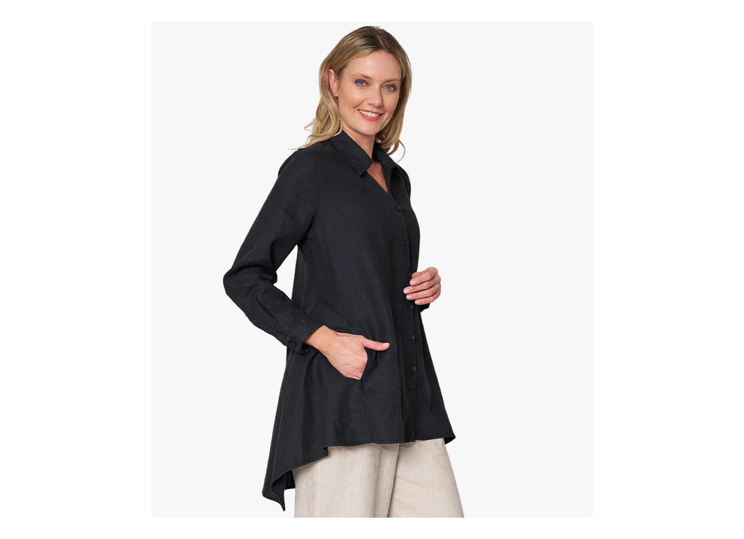 Women's Linen Long Sleeve Collared V-Neck True Form Shirt