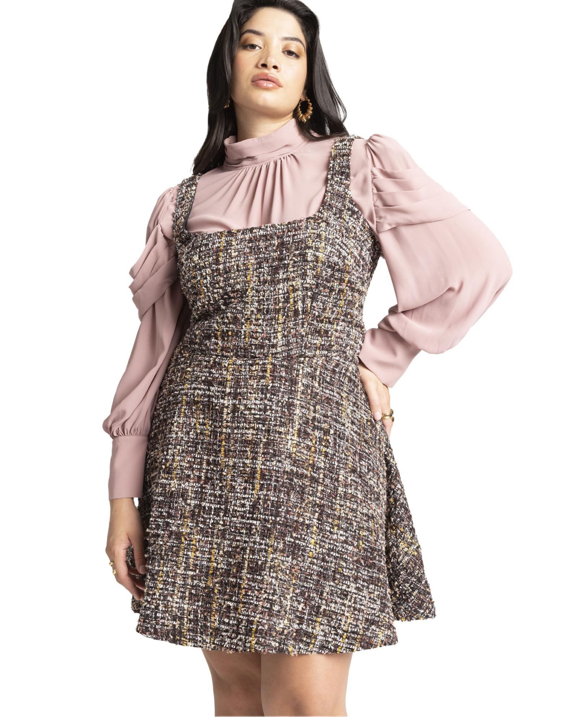 Plus Size Flare Tweed Mini Jumper - Brown and pink