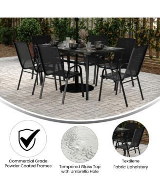 Bardwell 7 Piece Outdoor Dining Table Set For 6 With Glass-Top Patio Table And 6 Stack Chairs With Flex Comfort Material