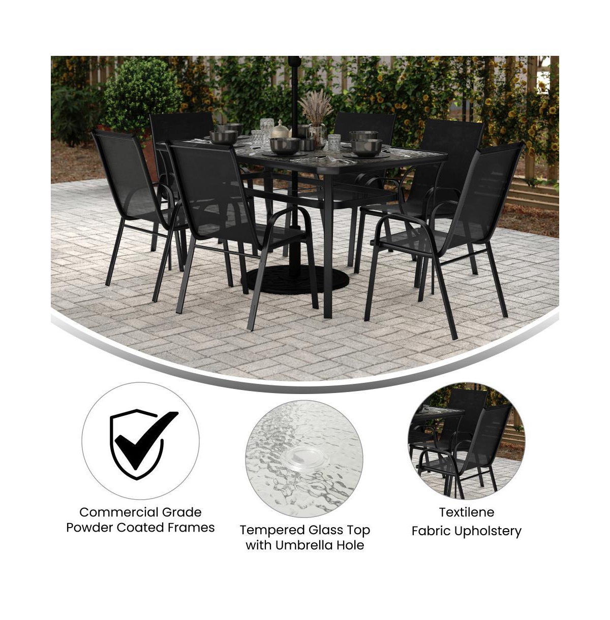 Merrick Lane Bardwell 7 Piece Outdoor Dining Table Set For 6 With Glass-Top Patio And Stack Chairs Flex Comfort Material