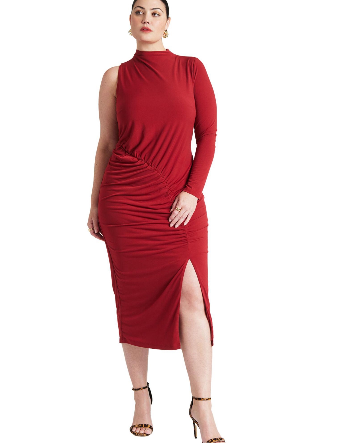 Plus Size One Shoulder Dress With Slit - Biking red