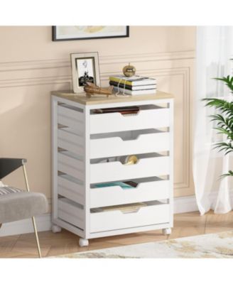 5-Drawer Wood Storage Cabinet with Wheels – Industrial Organizer Cart for Office, Bedroom, Entryway