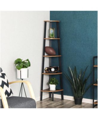 Industrial Corner Shelf, 5-tier Bookshelf, Plant Stand, Wood Look Accent Furniture With Metal Frame