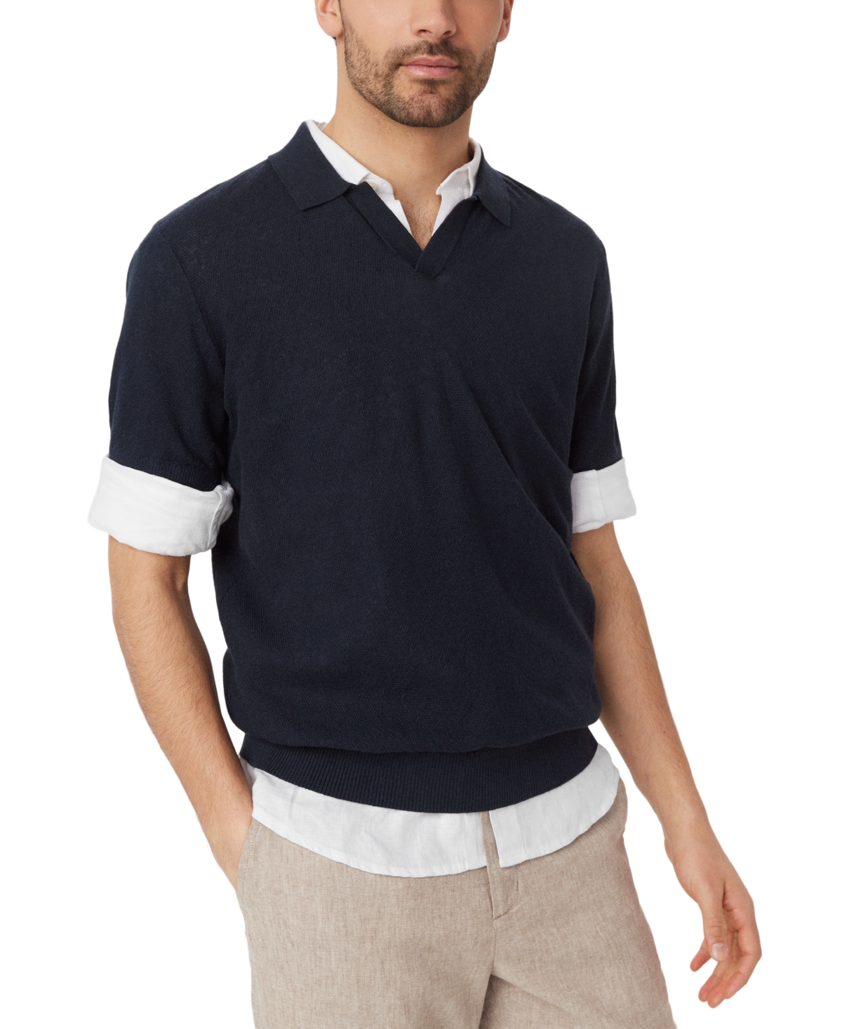 Frank and Oak Men's Slim Fit Short Sleeve Textured Open Collar Polo Sweater