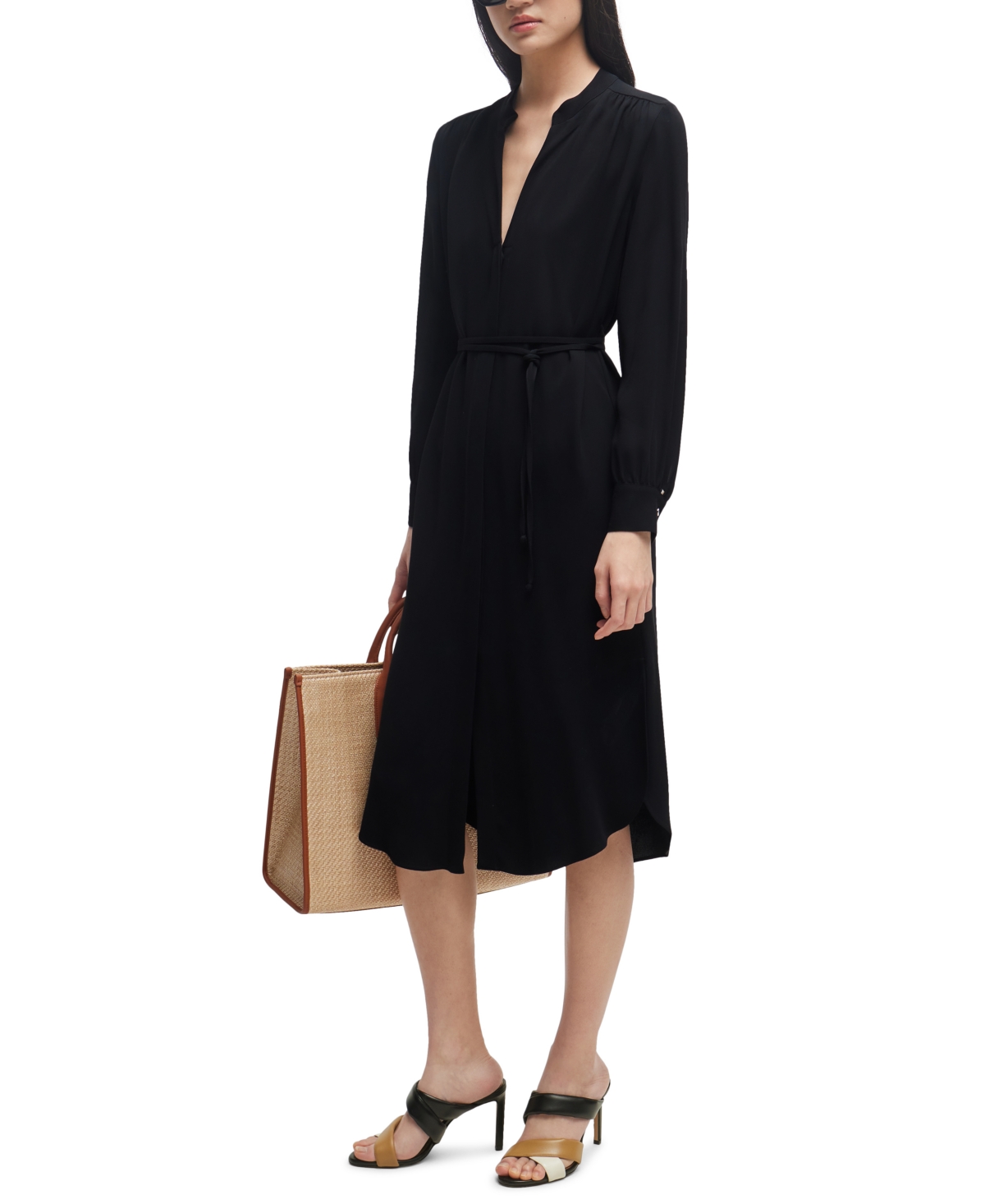 HUGO BOSS BOSS BY HUGO BOSS WOMEN'S COLLARLESS V NECKLINE BELTED DRESS 