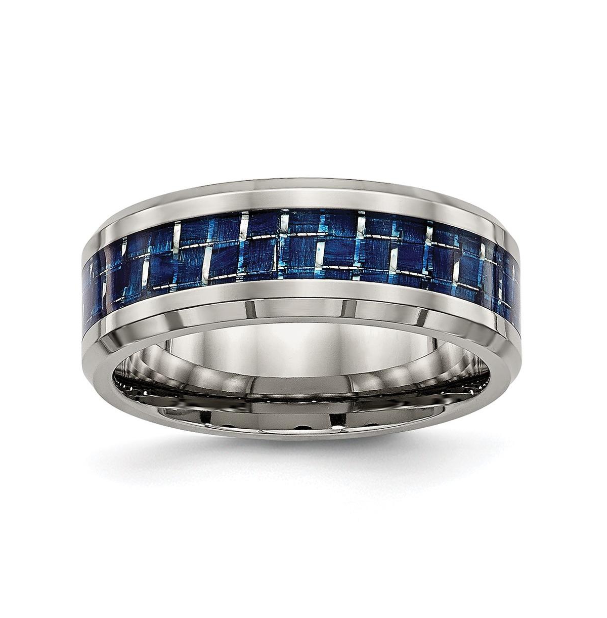 Titanium Blue Carbon Fiber Inlay Beveled Edge Wedding Band Ring - Blue