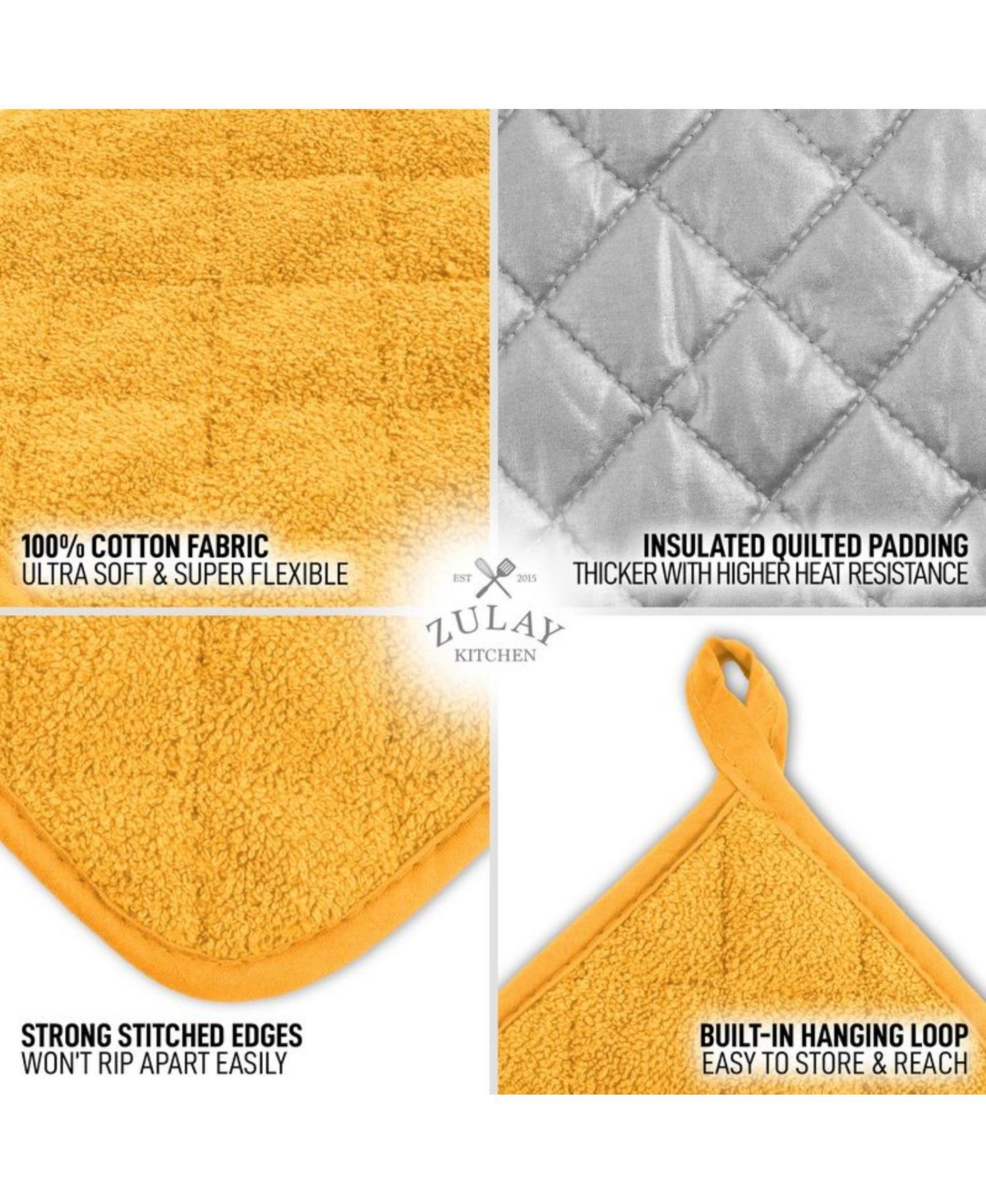 Zulay Kitchen Washable Quilted Terry Cloth Potholder for Cooking and Baking (6 Pack)