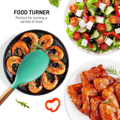 5 Piece Silicone Utensils Set with Authentic Acacia Wood Handles