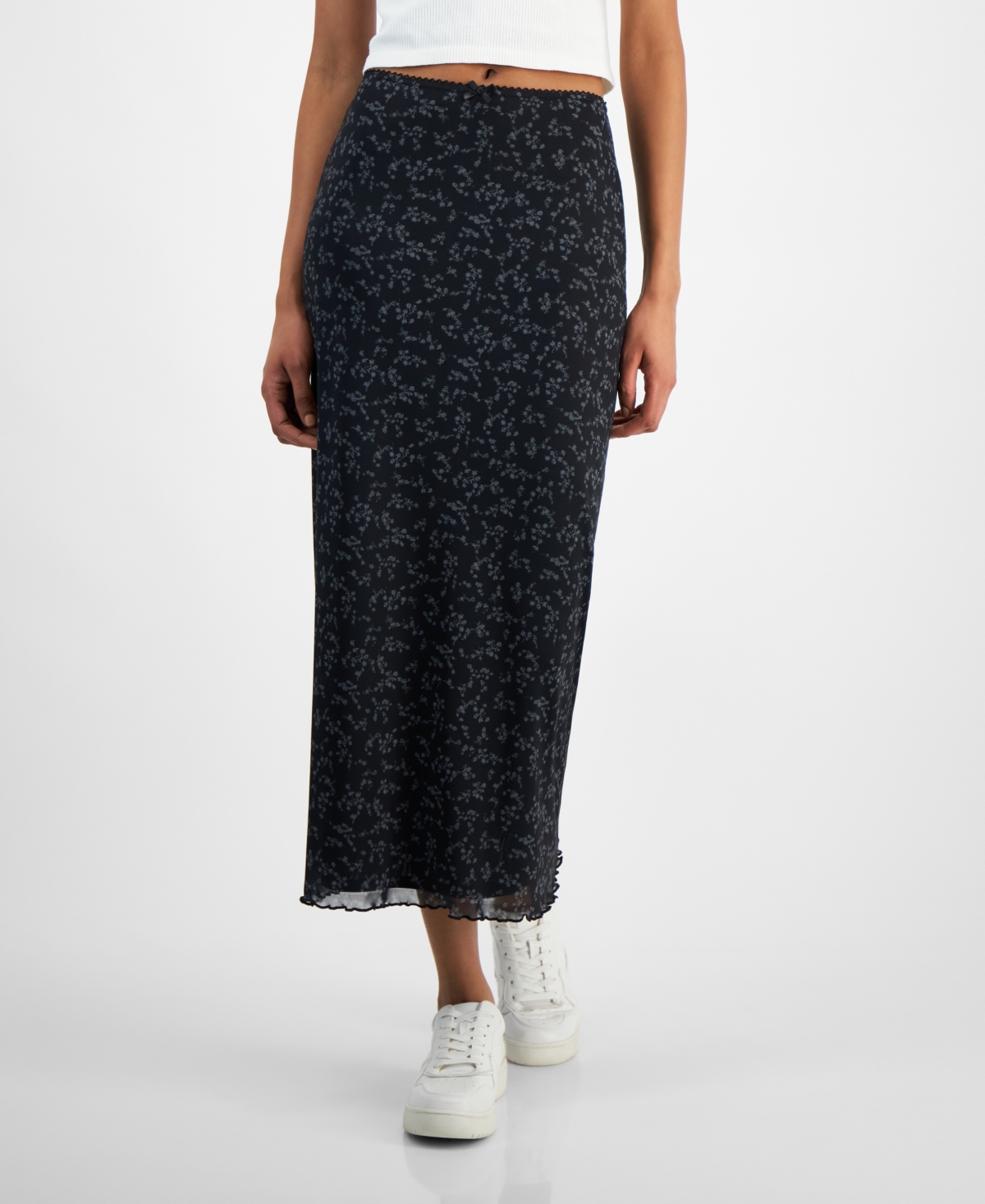 Juniors' Floral-Print Lace-Trimmed Midi Skirt - Stone Floral