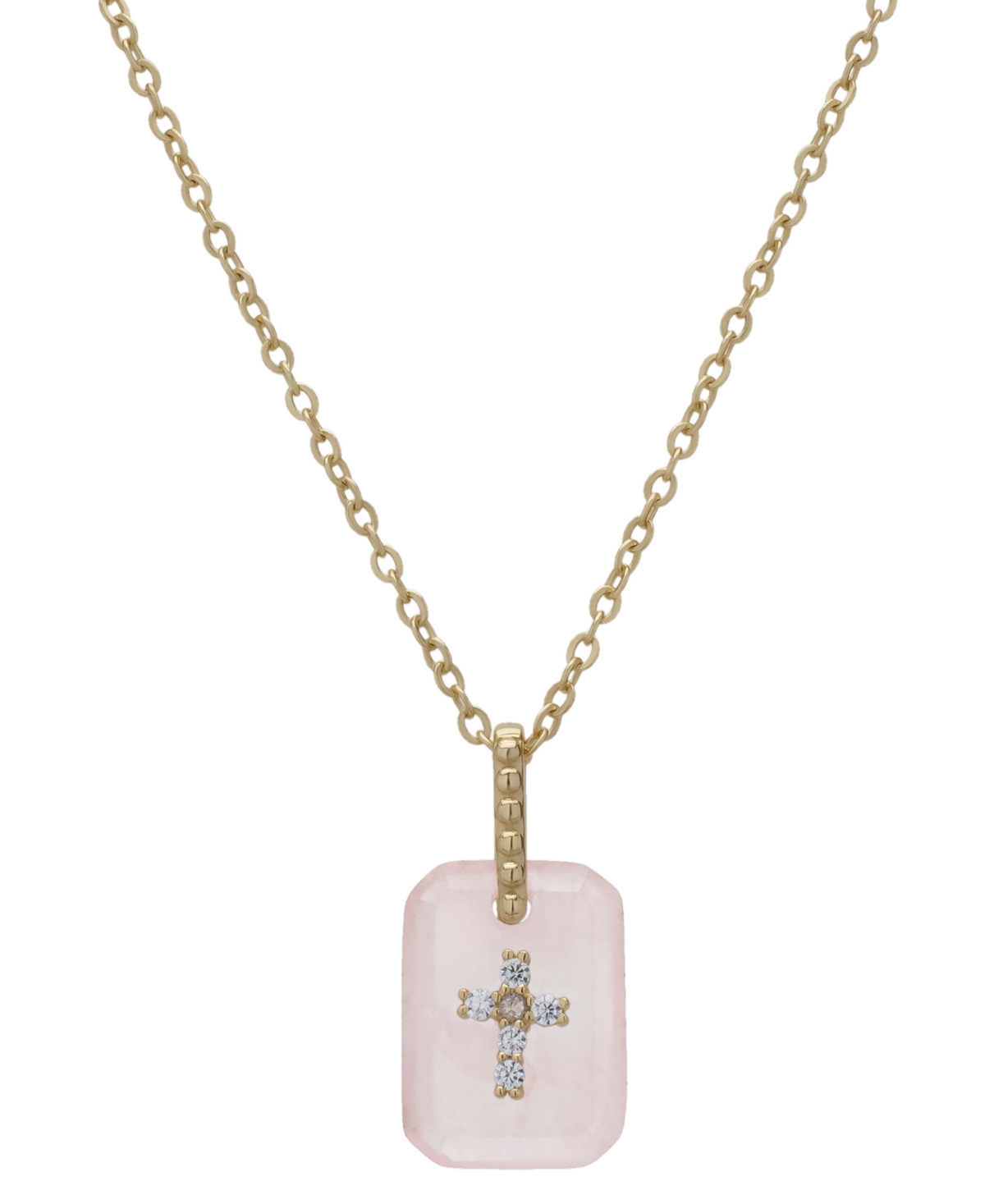 Rose Quartz (1-1/5 ct. t.w.) & Lab Grown White Sapphire (1/20 ct. t.w.) Cross Dog Tag Pendant Necklace in 14k Gold-Plated Sterling Silver, 16" + 2" ex