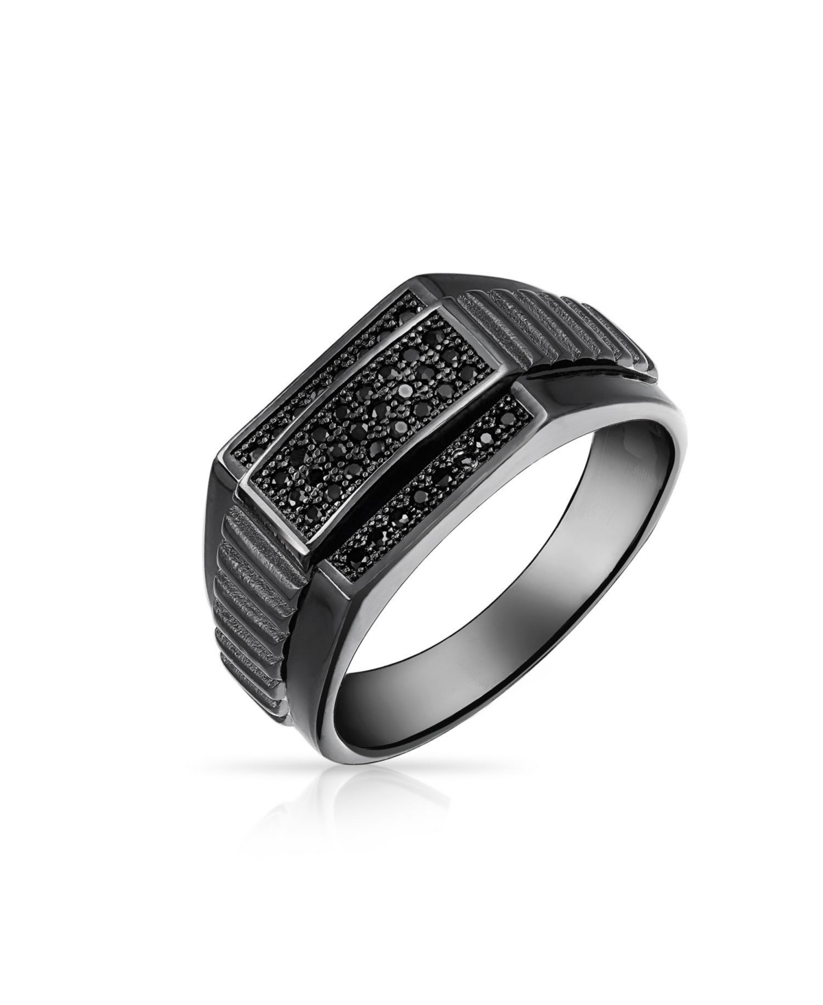 Men's Geometric Micro Rectangle Black Cz Cubic Zirconia Statement Ring For Men .925 Sterling Silver Signet Championship Ring - Black