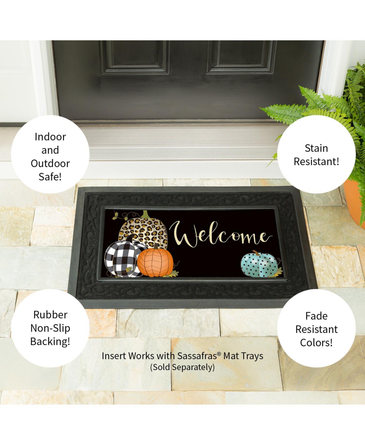 Evergreen Mixed Print Pumpkins Sassafras Indoor Outdoor Switch Doormat 10"x1'10" Black
