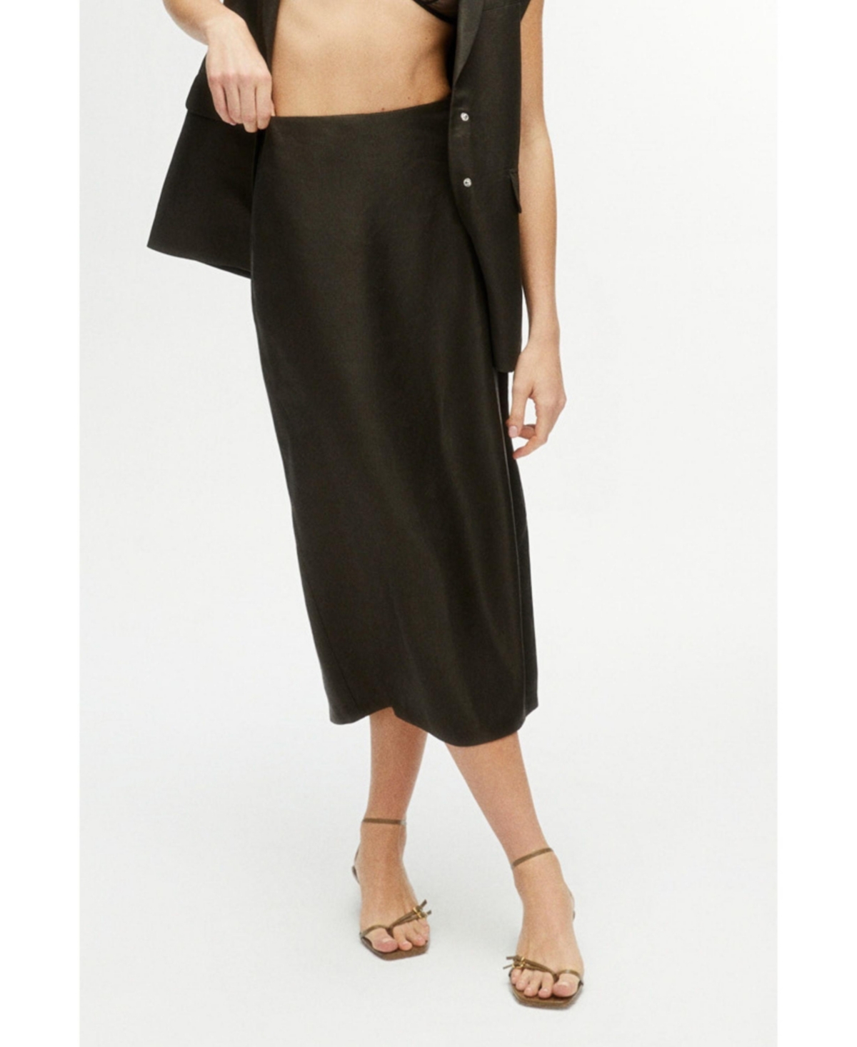 Women's Midi Skirt with Back Slits - Khaki