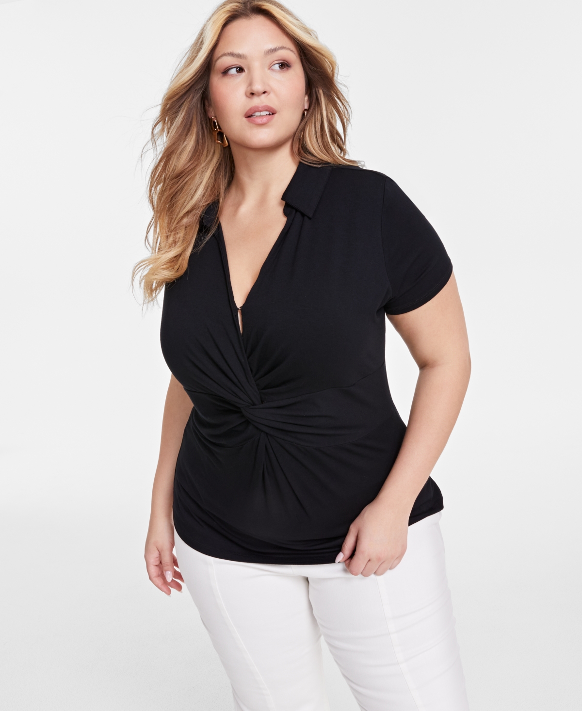 I.n.c. International Concepts Plus Size Twist-Front Collared Top, Created for Macy's