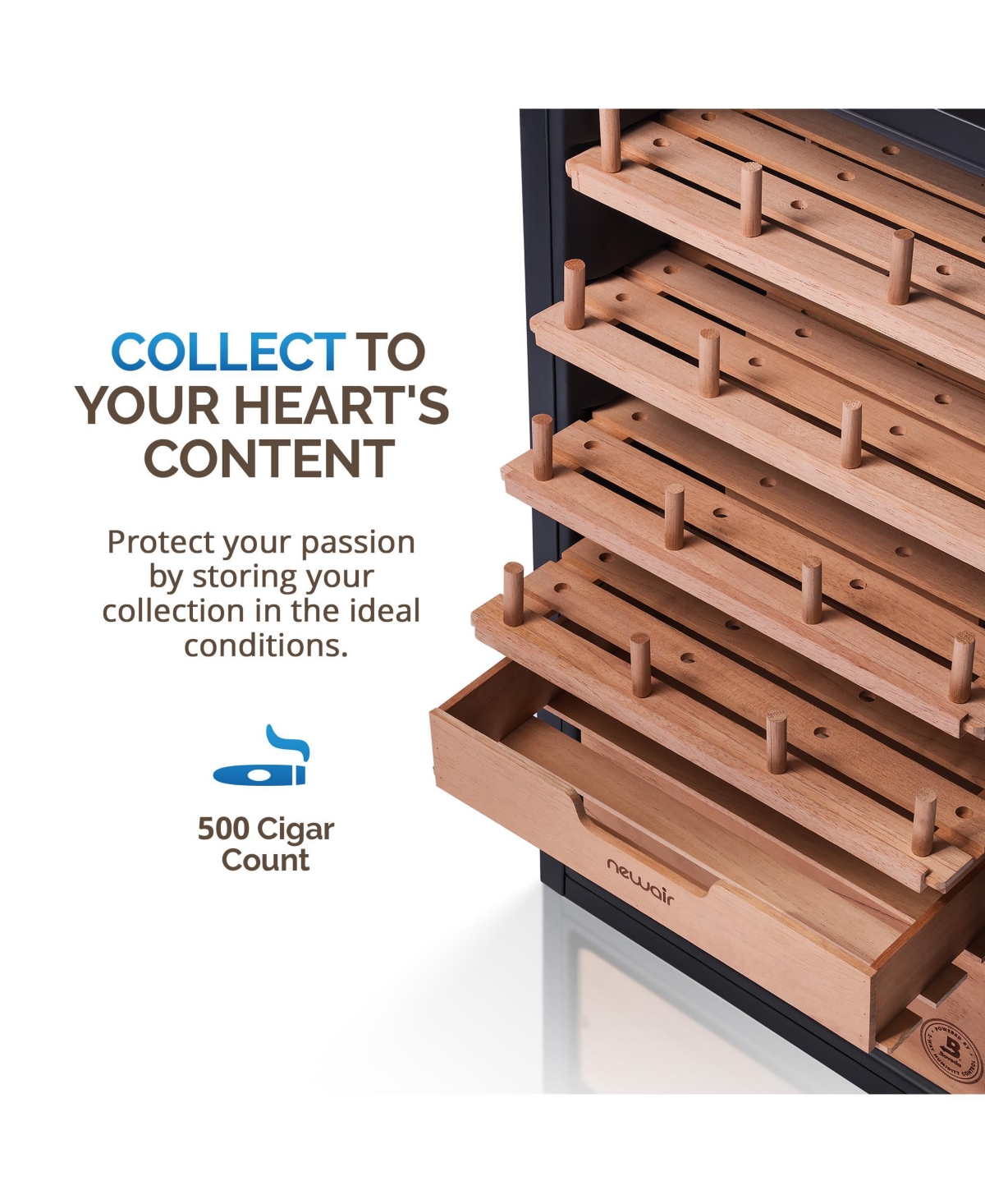 Newair x Boveda 500 Count Electric Humidor, Spanish Cedar Shelves with Temperature Control, Cigar Humidor Box with Built-In Boveda Humidity Control in