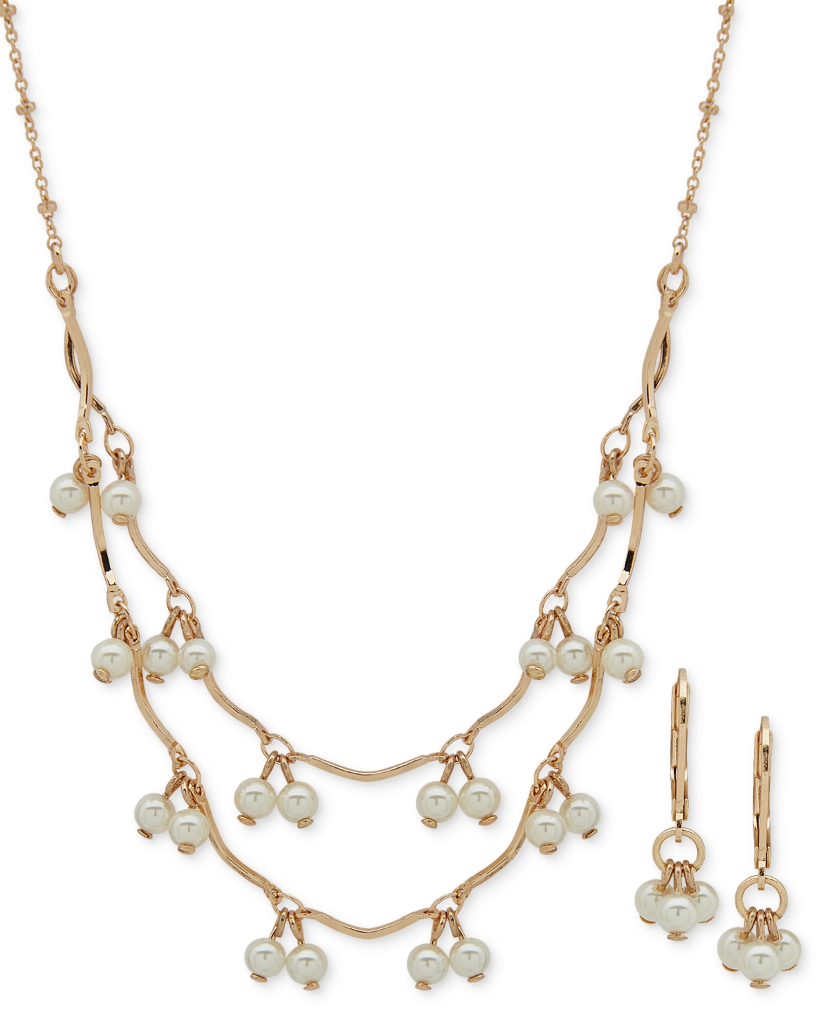 Anne Klein Gold-tone Shaky Imitation Pearl Layered Necklace & Drop Earrings Set