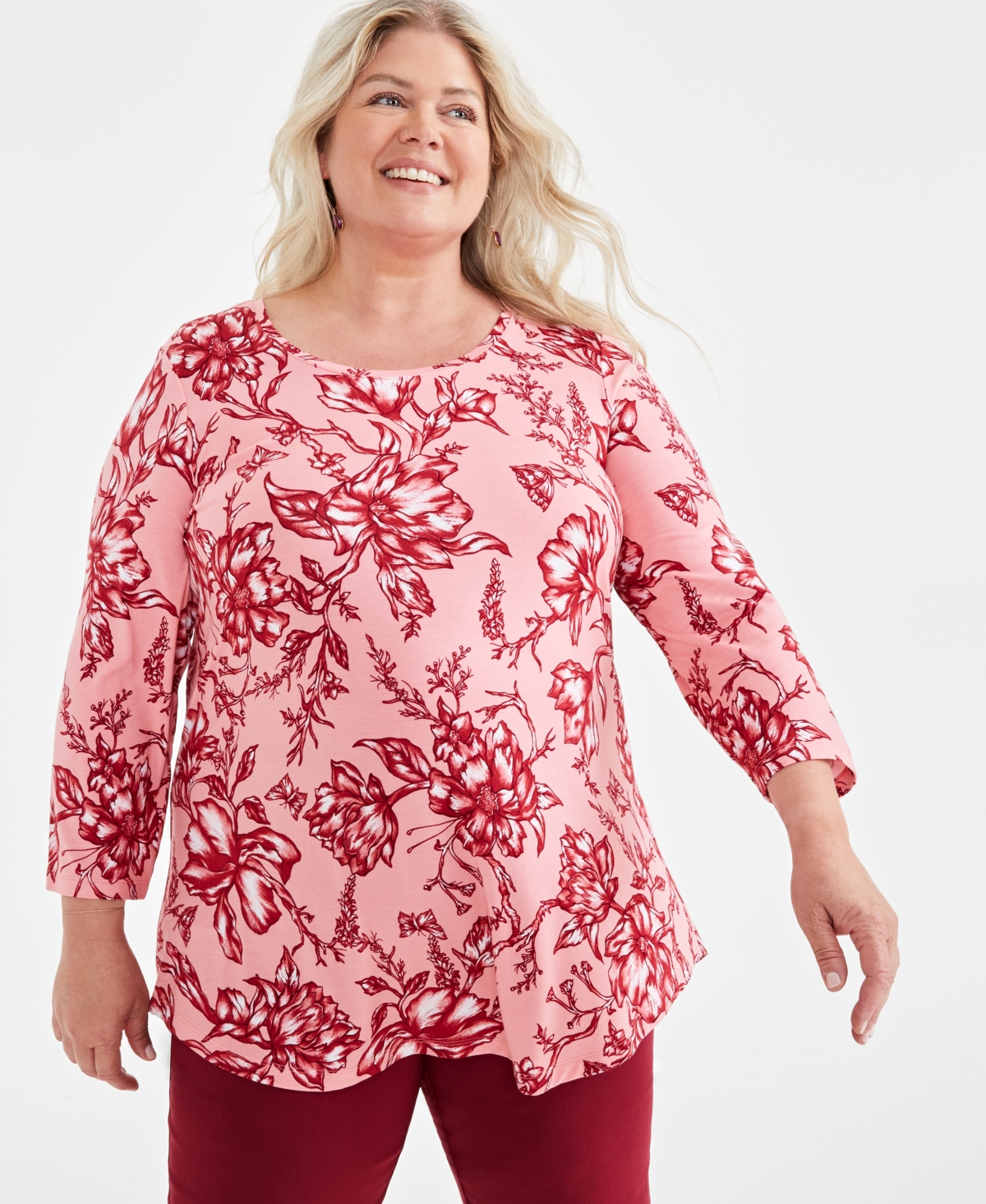 Jm Collection Plus Size Printed 3/4-Sleeve Top, Created for Macy's