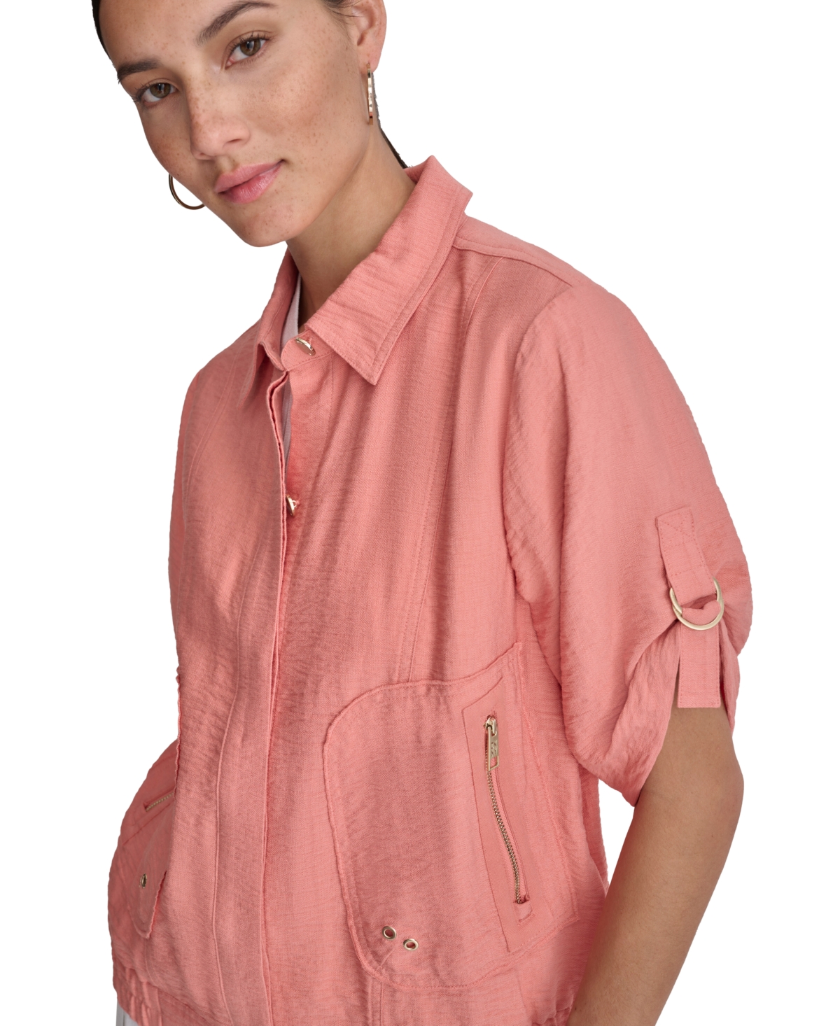 Shop Dkny Women's Roll-tab Button-front Crinkle Jacket In Lght Fatig