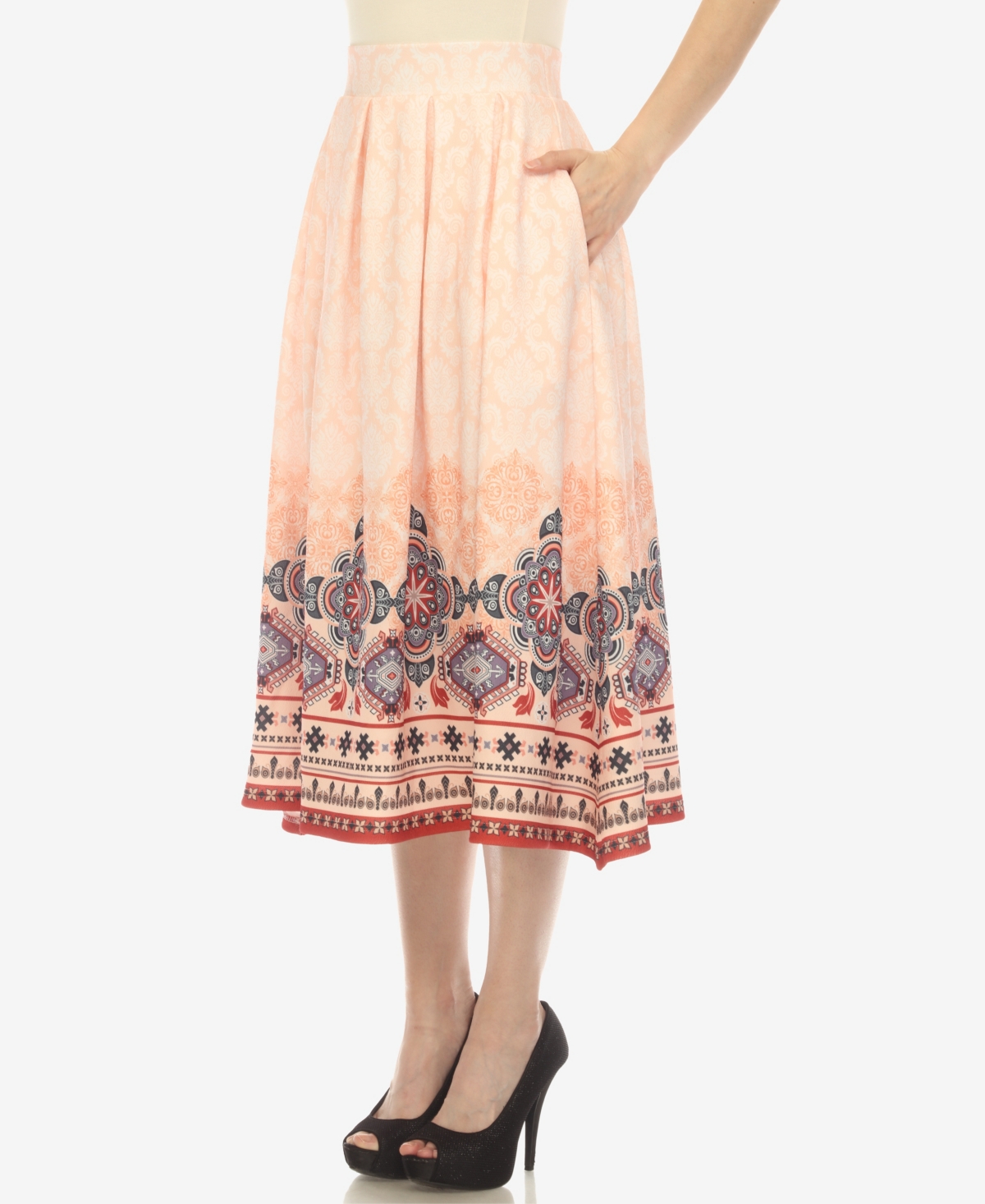 White Mark Plus Size Pleated Skirt With Border Print In Orange