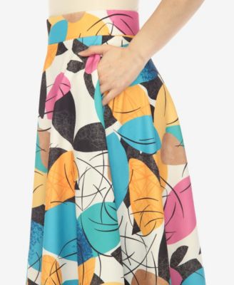 Women's Leaf Print Vintage Flared Midi Skirt