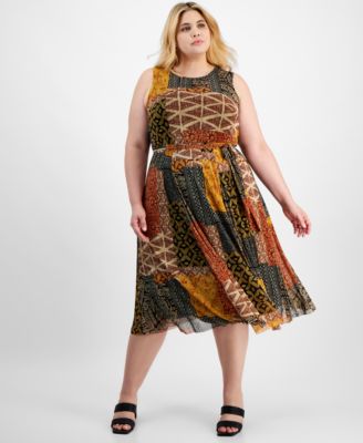 Robbie Bee - Plus Size Patchwork-Print Jersey Midi Dress