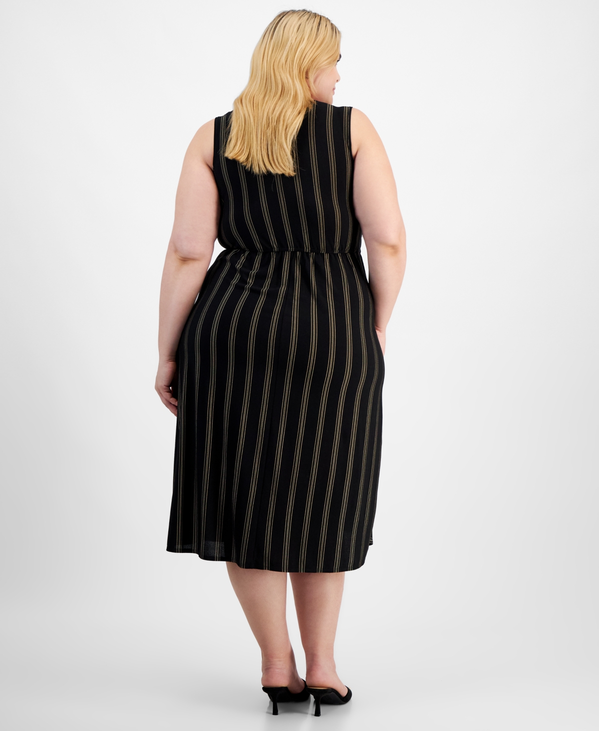 Robbie Bee Plus Size Striped Faux-Wrap Midi Dress -tan