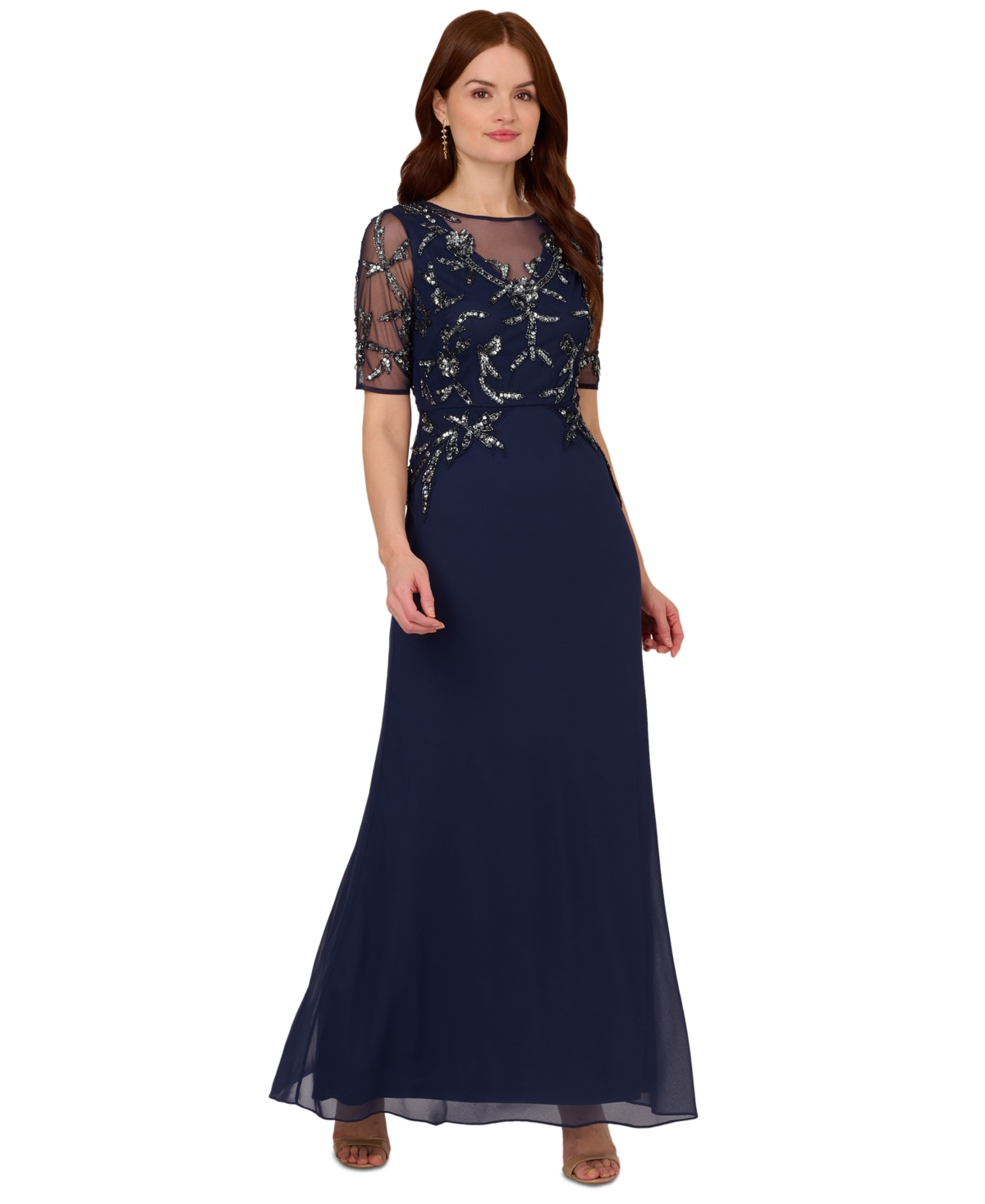 Women's Embellished Elbow-Sleeve Gown - Navy-metal