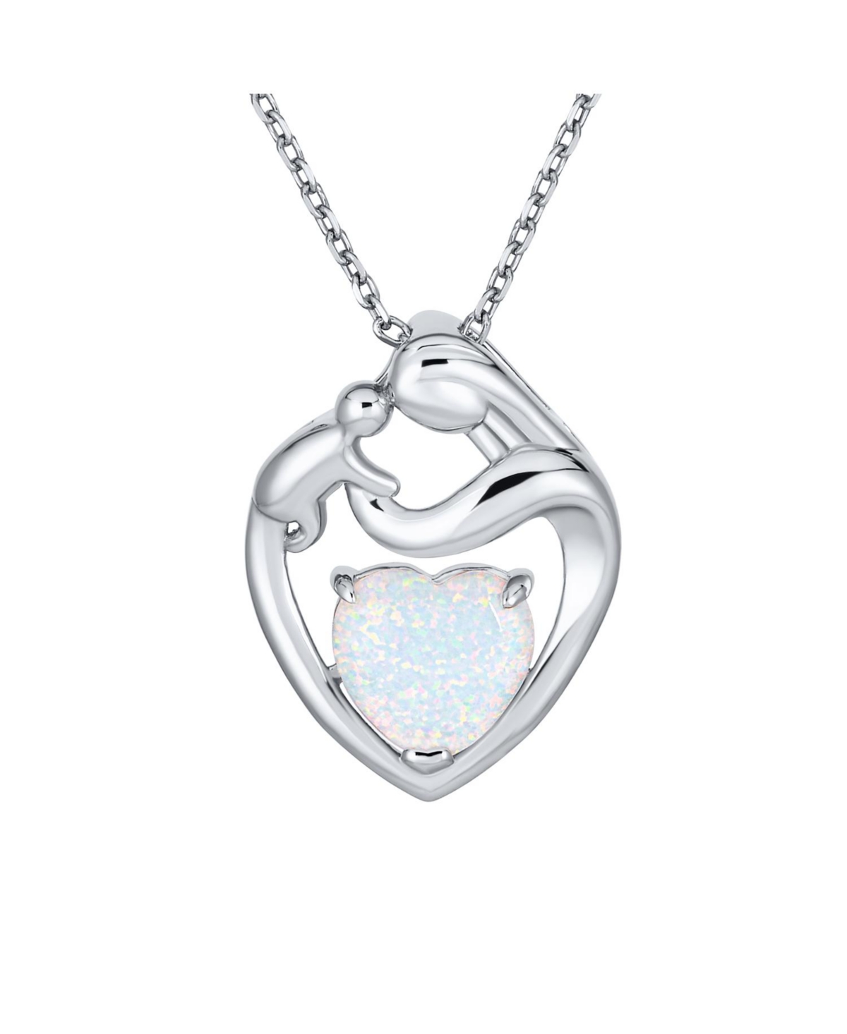 Gemstone Family Parent New Mother Created White Opal Heart Shaped Mom Loving Son Child Daughter Necklace Pendant For Women .925 Sterling