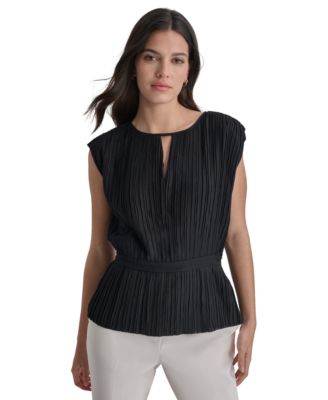 DKNY - Women's Crewneck Pleated Cap Sleeve Blouse