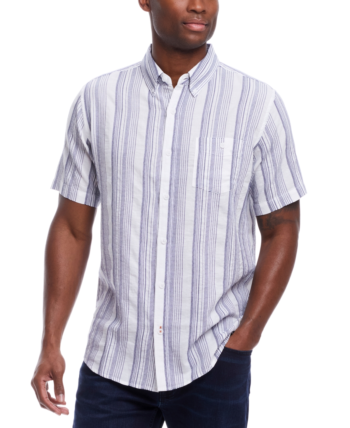 Men's Short Sleeve Cotton Shirt with Ticking Stripe - Cloud