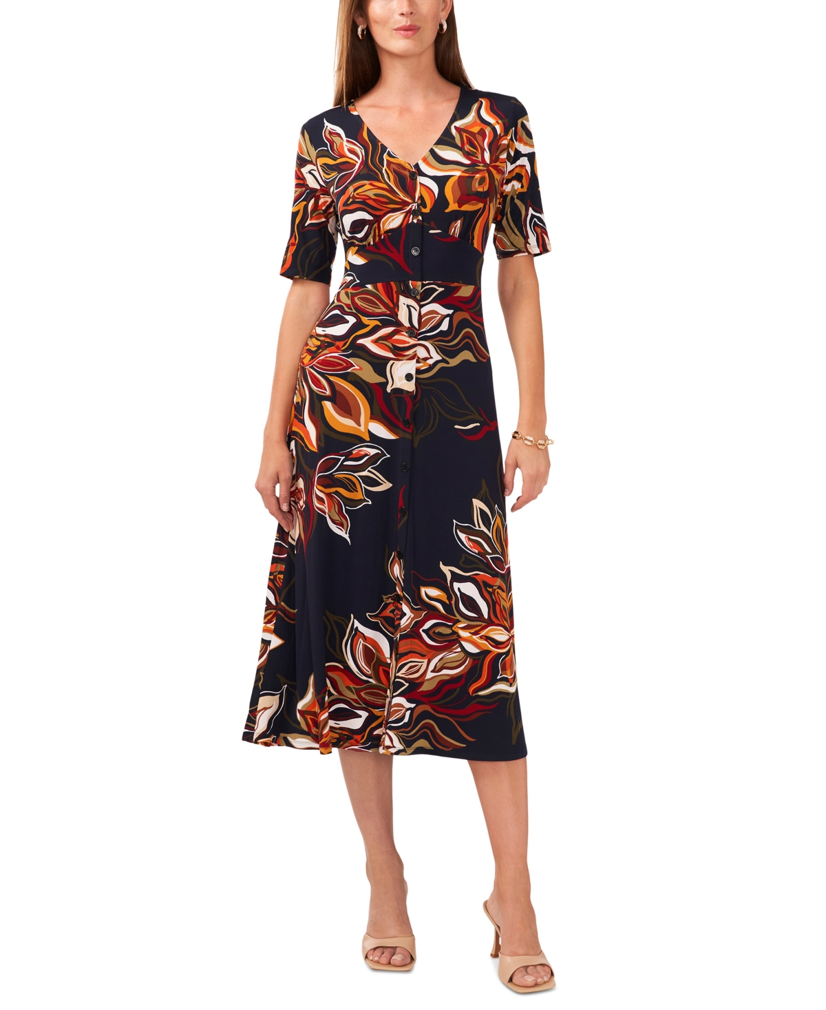 Petite Floral-Print Button-Front Midi Dress - Navy Rust