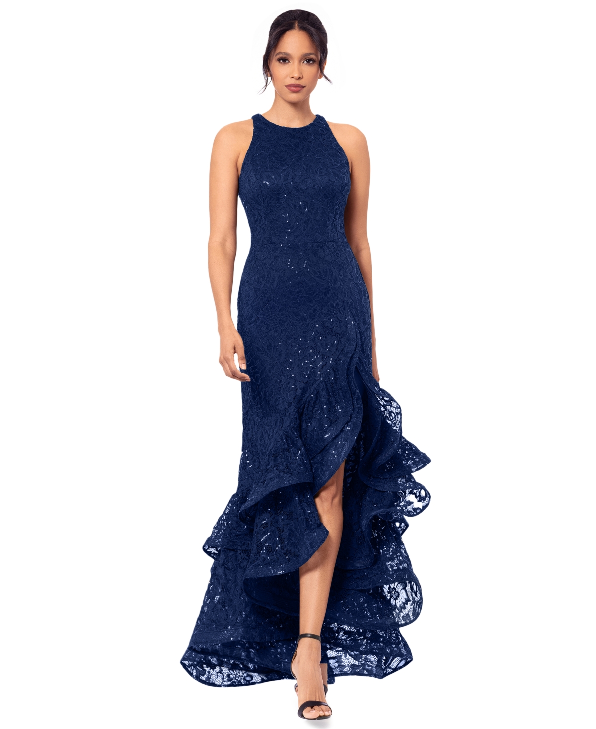 Women's Sequined Lace Ruffle-Hem Gown - Navy