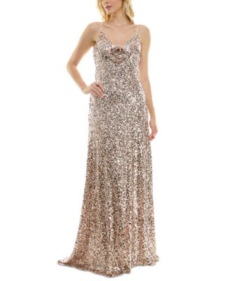 Taylor - Women's Sequin Embellished Rosette Sleeveless Gown