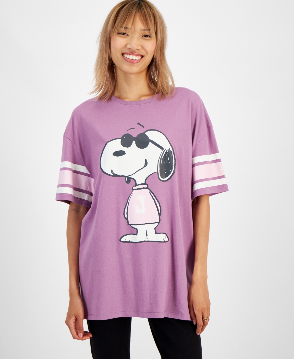 Juniors' Snoopy Varsity Boyfriend T-Shirt - Purple