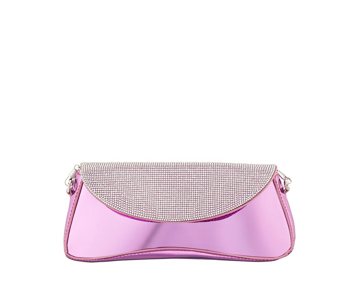 Nina Crystal Flap Mirror Metallic Patent Clutch Bag In Silver