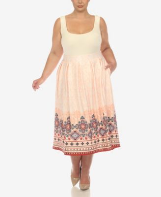 Plus Size Pleated Skirt with Border Print
