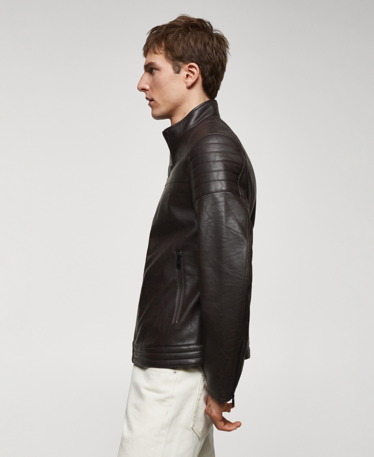 Shop Mango Men's Nappa Leather-effect Jacket In Khaki