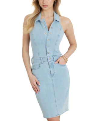 GUESS - Women's Elodee Collared Halter Sleeveless Denim Bodycon Dress