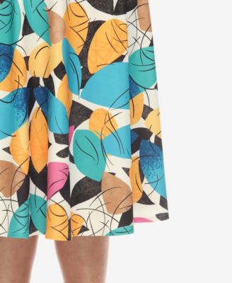 Plus Size Leaf Print Vintage Flared Midi Skirt