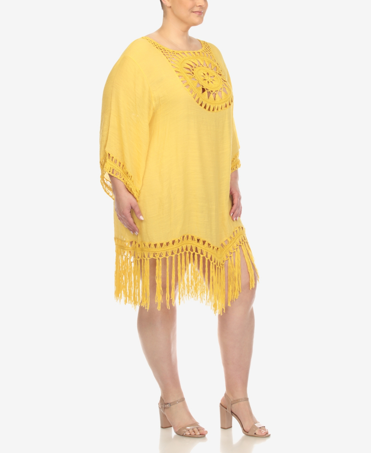 White Mark Plus Size Crocheted Fringed Trim Cover Up Dress