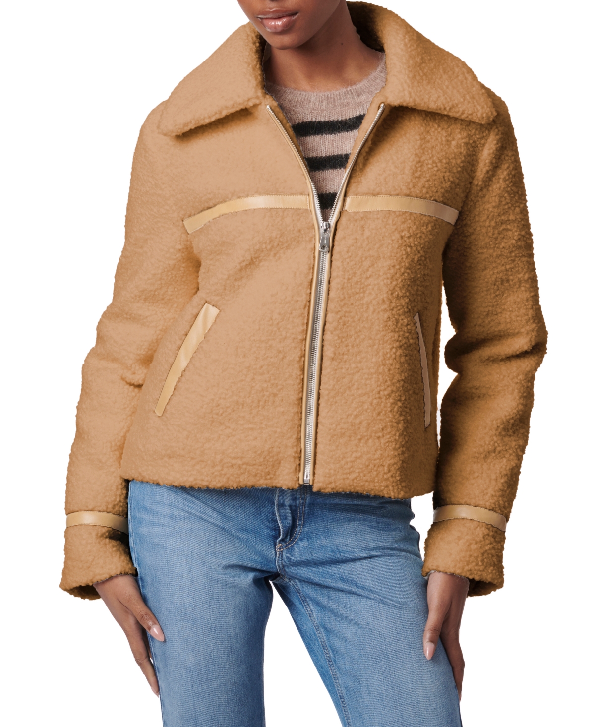 Collection B Junior's Collared Curly Fleece Coat, Created For Macy's In Camel
