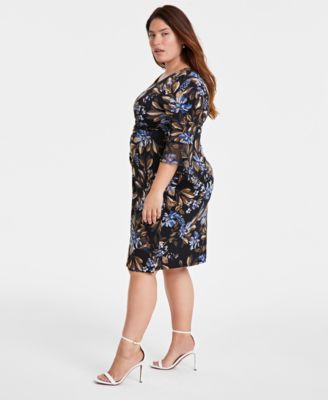 Plus Size Floral Side-Ruched 3/4-Sleeve Dress