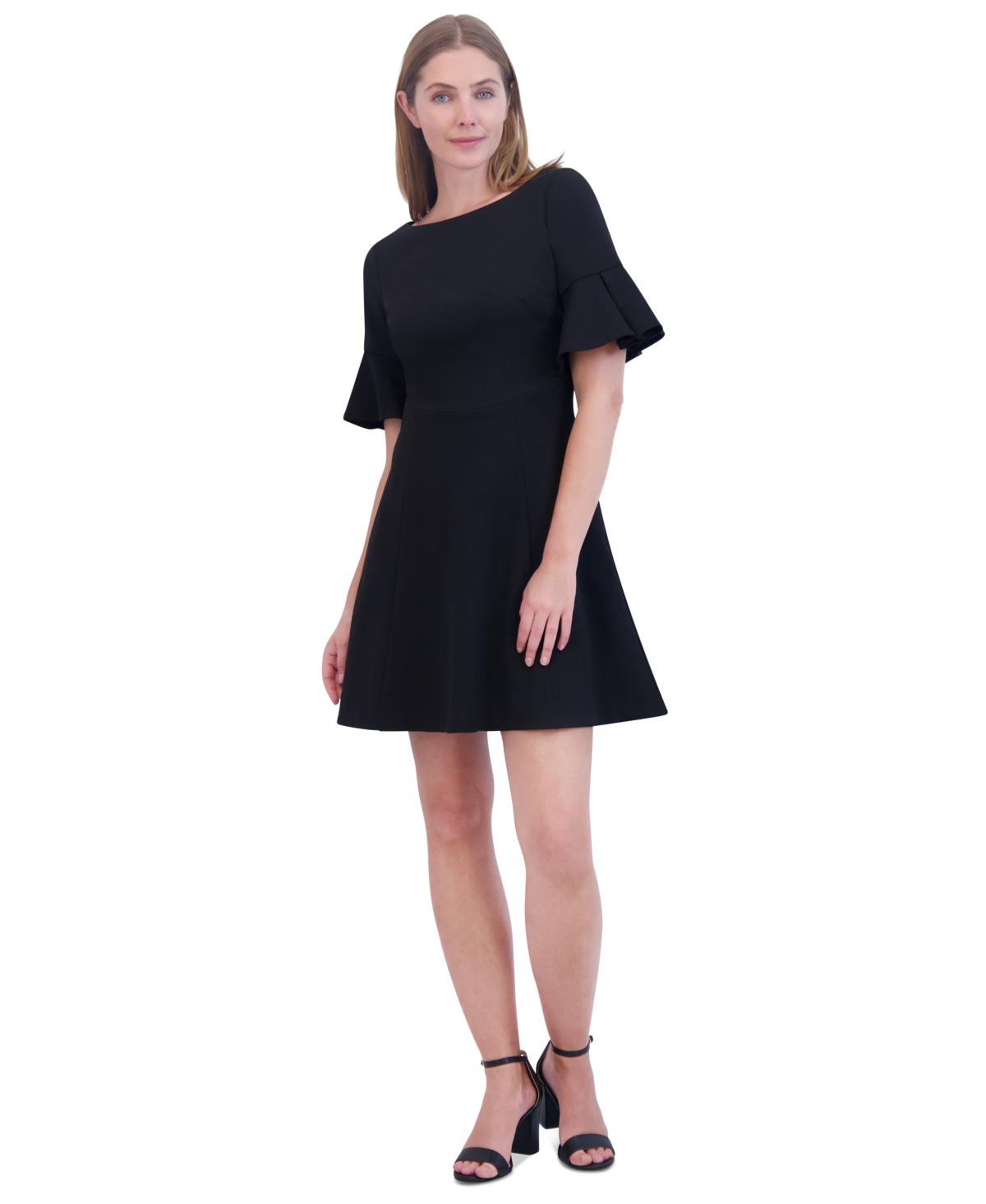 Petite Elbow-Sleeve Fit & Flare Dress - Black