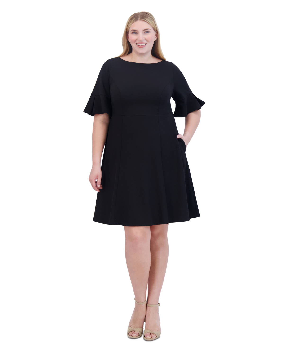 Plus Size Elbow-Sleeve Fit & Flare Dress - Black