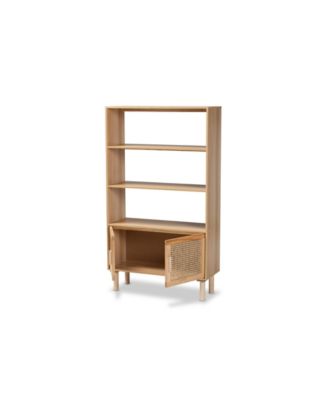 Faulkner Mid-Century Modern Natural Brown Finished Wood and Rattan 2-Door Bookcase