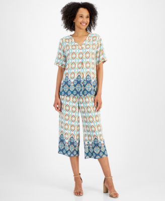 Womens Paradise Border V Neck Short Sleeve Top Contrast Border Print Wide Leg Pants Created For Macys