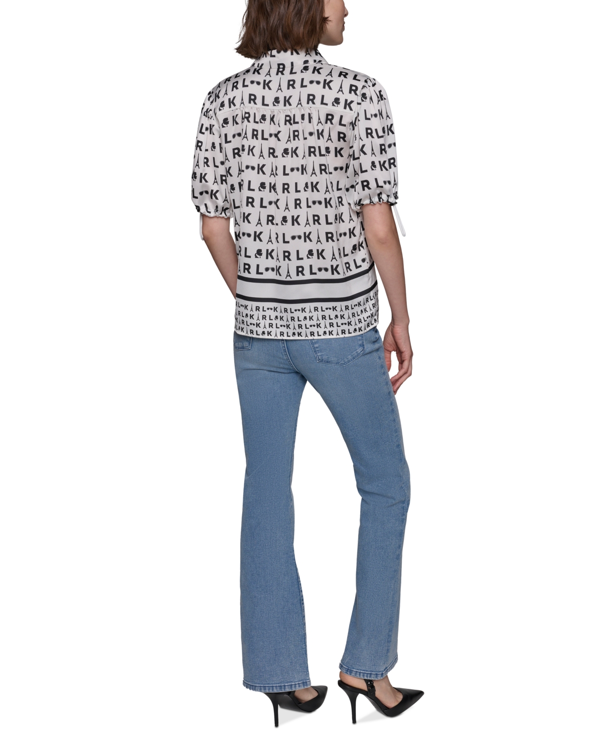 Karl Lagerfeld Paris Women's Printed Bungee-Sleeve Button-Down Top - Soft White  Black