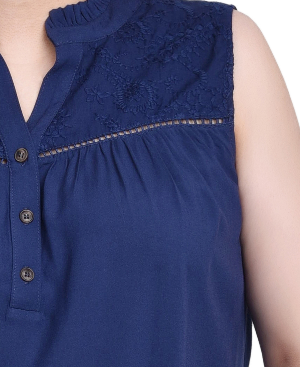 Ny Collection Petite Sleeveless Yoked Blouse Top In Navy
